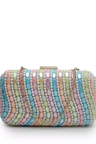 adorn pastel multi wave embellished faux silk clutch