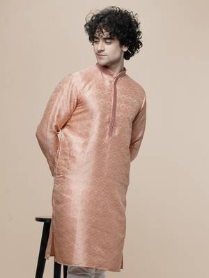mens peach cotton blend stylish floral kurta 4