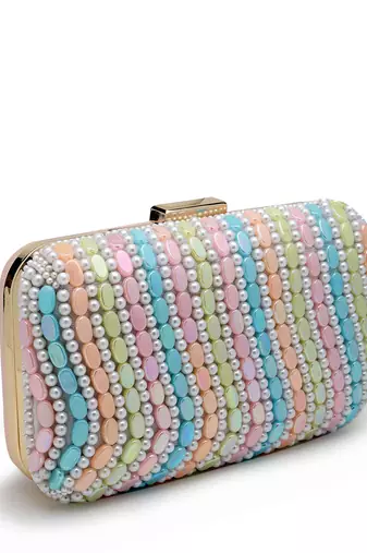 adorn pastel multi wave embellished faux silk clutch