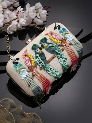 adorn off white & multi quirky embellished corduroy clutch 1