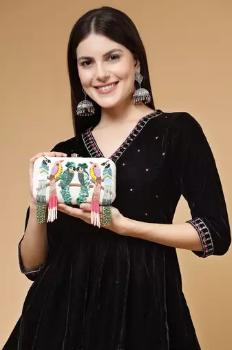 adorn off white & multi quirky embellished corduroy clutch