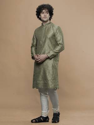 Maahi fabs cotton stylish green with small motifs design ethnic kurta for wedding and party occasion 2