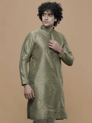 Maahi fabs cotton stylish green with small motifs design ethnic kurta for wedding and party occasion 3