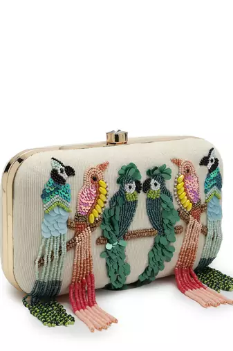 adorn off white & multi quirky embellished corduroy clutch