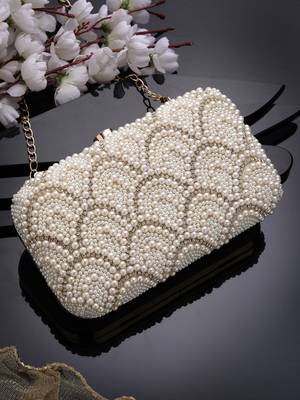 adorn off white pearl embellished corduroy clutch 1