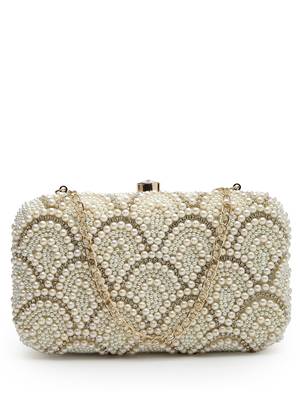 adorn off white pearl embellished corduroy clutch 4