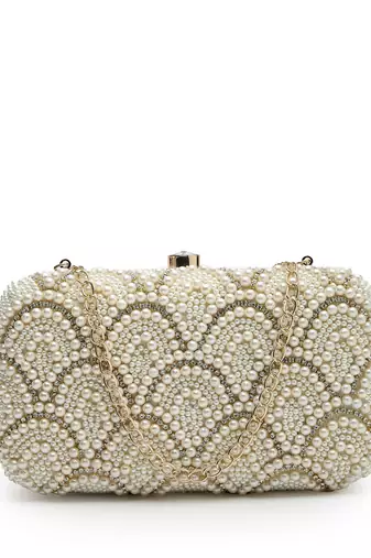 adorn off white pearl embellished corduroy clutch