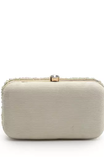 adorn off white pearl embellished corduroy clutch