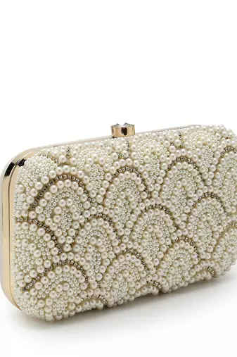 adorn off white pearl embellished corduroy clutch