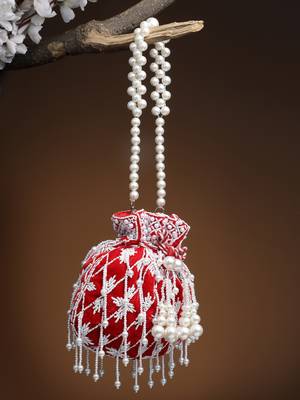 droop red & white pearl embellished velvet potli 1
