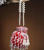 droop red & white pearl embellished velvet potli