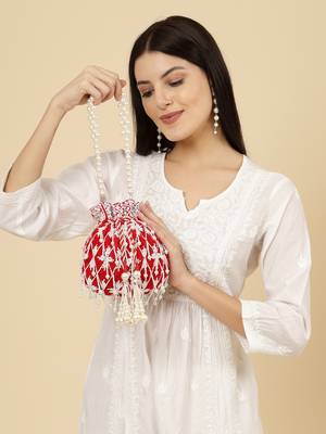 droop red & white pearl embellished velvet potli 3
