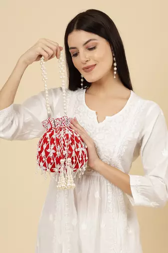 droop red & white pearl embellished velvet potli