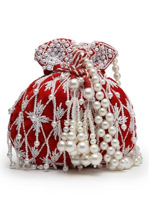 droop red & white pearl embellished velvet potli 4