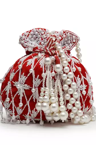 droop red & white pearl embellished velvet potli