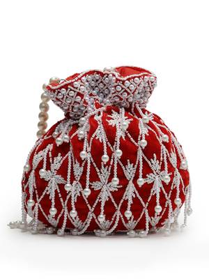 droop red & white pearl embellished velvet potli 5