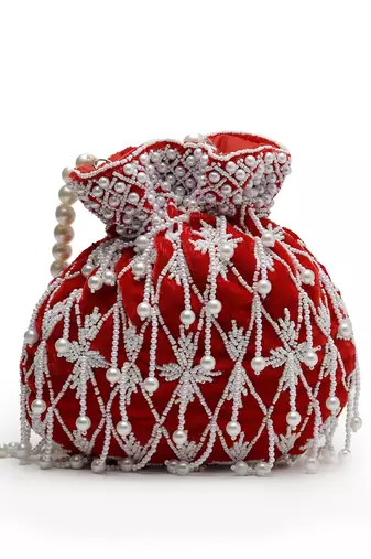droop red & white pearl embellished velvet potli