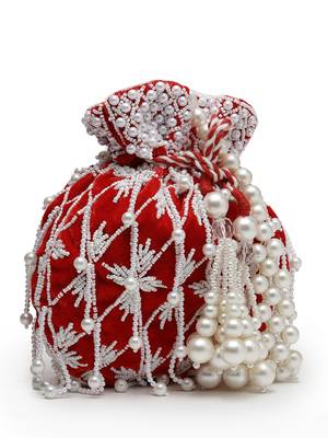 droop red & white pearl embellished velvet potli 6