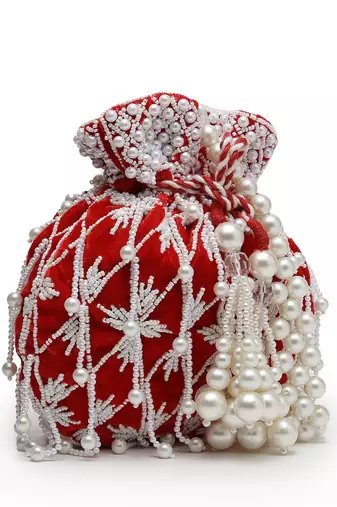 droop red & white pearl embellished velvet potli