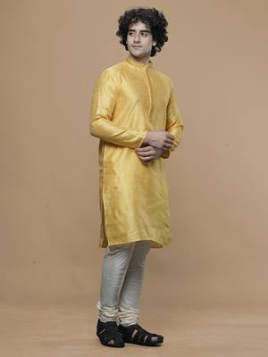 Maahi fabs cotton stylish yellow with small motifs design ethnic kurta for wedding and party occasion 2