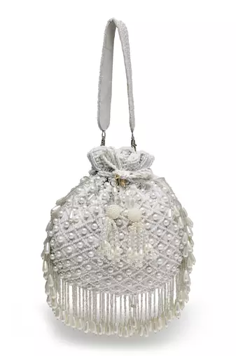 droop white pearl embellished velvet potli