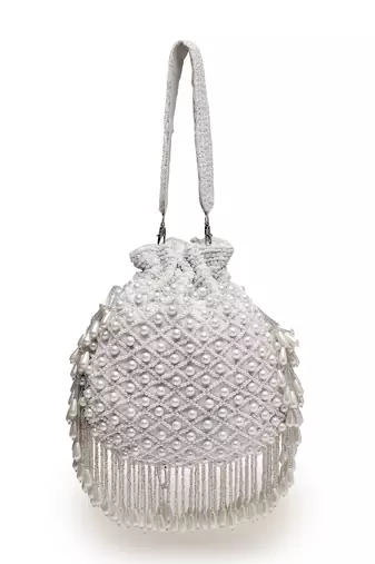 droop white pearl embellished velvet potli