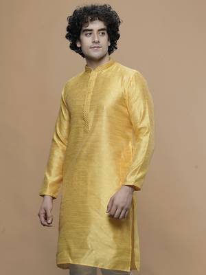 Maahi fabs cotton stylish yellow with small motifs design ethnic kurta for wedding and party occasion 3