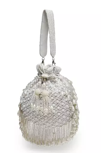 droop white pearl embellished velvet potli