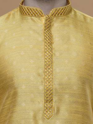 Maahi fabs cotton stylish yellow with small motifs design ethnic kurta for wedding and party occasion 4