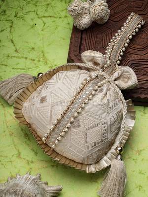 droop biege & gold embroidered faux silk potli 1
