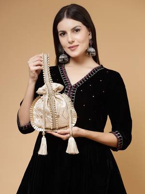 droop biege & gold embroidered faux silk potli 3