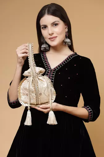 droop biege & gold embroidered faux silk potli