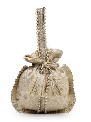 droop biege & gold embroidered faux silk potli 4