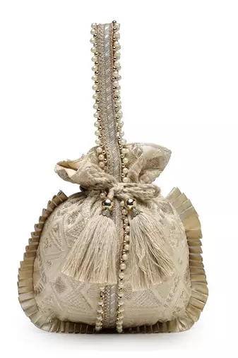 droop biege & gold embroidered faux silk potli