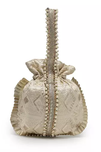 droop biege & gold embroidered faux silk potli