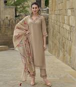  khaki viscose silk floral embroidered straight kurta with pant & dupatta