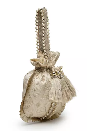 droop biege & gold embroidered faux silk potli