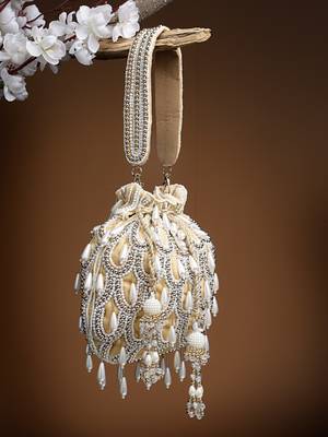 droop beige, white & gold pearl embellished velvet potli 1