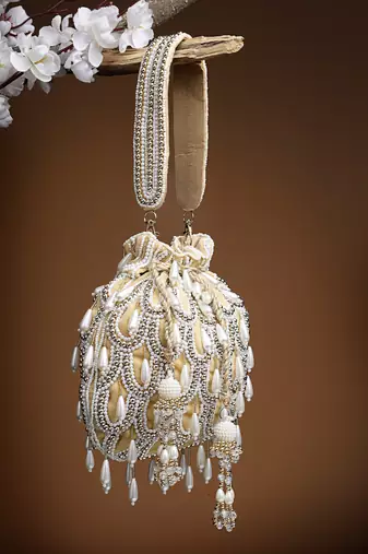droop beige, white & gold pearl embellished velvet potli