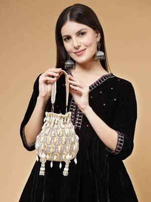 droop beige, white & gold pearl embellished velvet potli 3