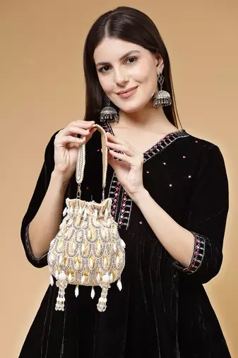 droop beige, white & gold pearl embellished velvet potli