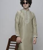 Maahi fabs pista colour cotton blend thread embriodered work design ethnic kurta for men