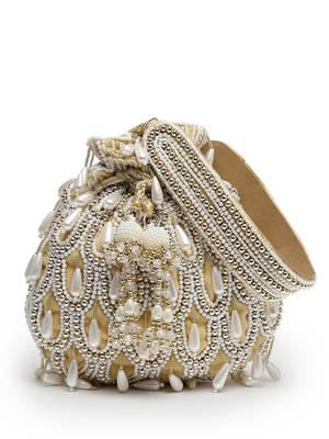 droop beige, white & gold pearl embellished velvet potli 4