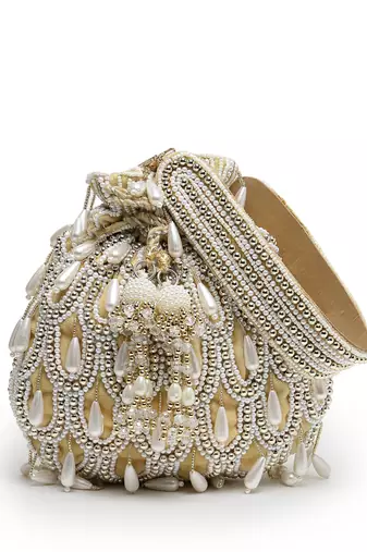 droop beige, white & gold pearl embellished velvet potli