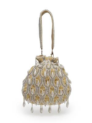 droop beige, white & gold pearl embellished velvet potli 5