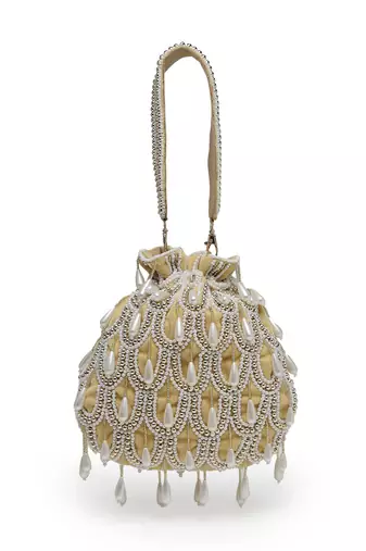 droop beige, white & gold pearl embellished velvet potli