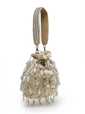 droop beige, white & gold pearl embellished velvet potli 6