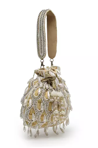 droop beige, white & gold pearl embellished velvet potli