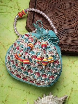 dangle aqua blue & multi fish scale embellished velvet potli 1
