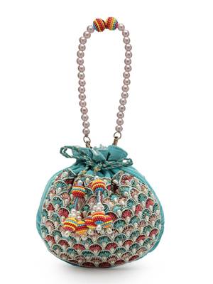 dangle aqua blue & multi fish scale embellished velvet potli 4
